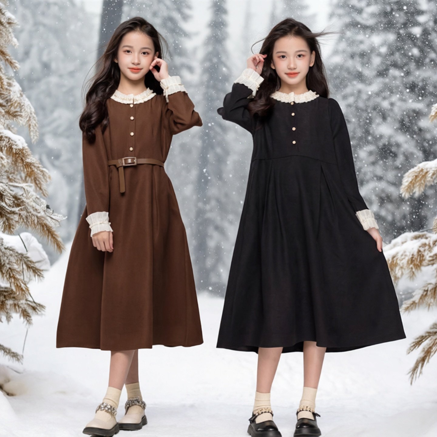 女童秋冬连衣裙2025新款加厚中大童花边小立领复古气质收腰长裙子