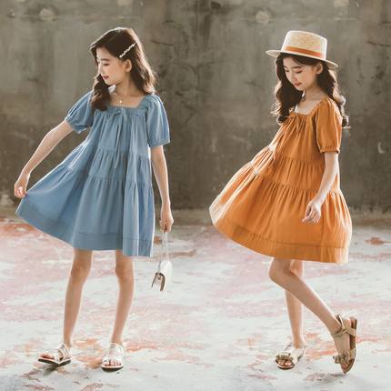 女童棉麻连衣裙夏季洋气公主裙中大童女孩法式方领泡泡袖蛋糕裙子