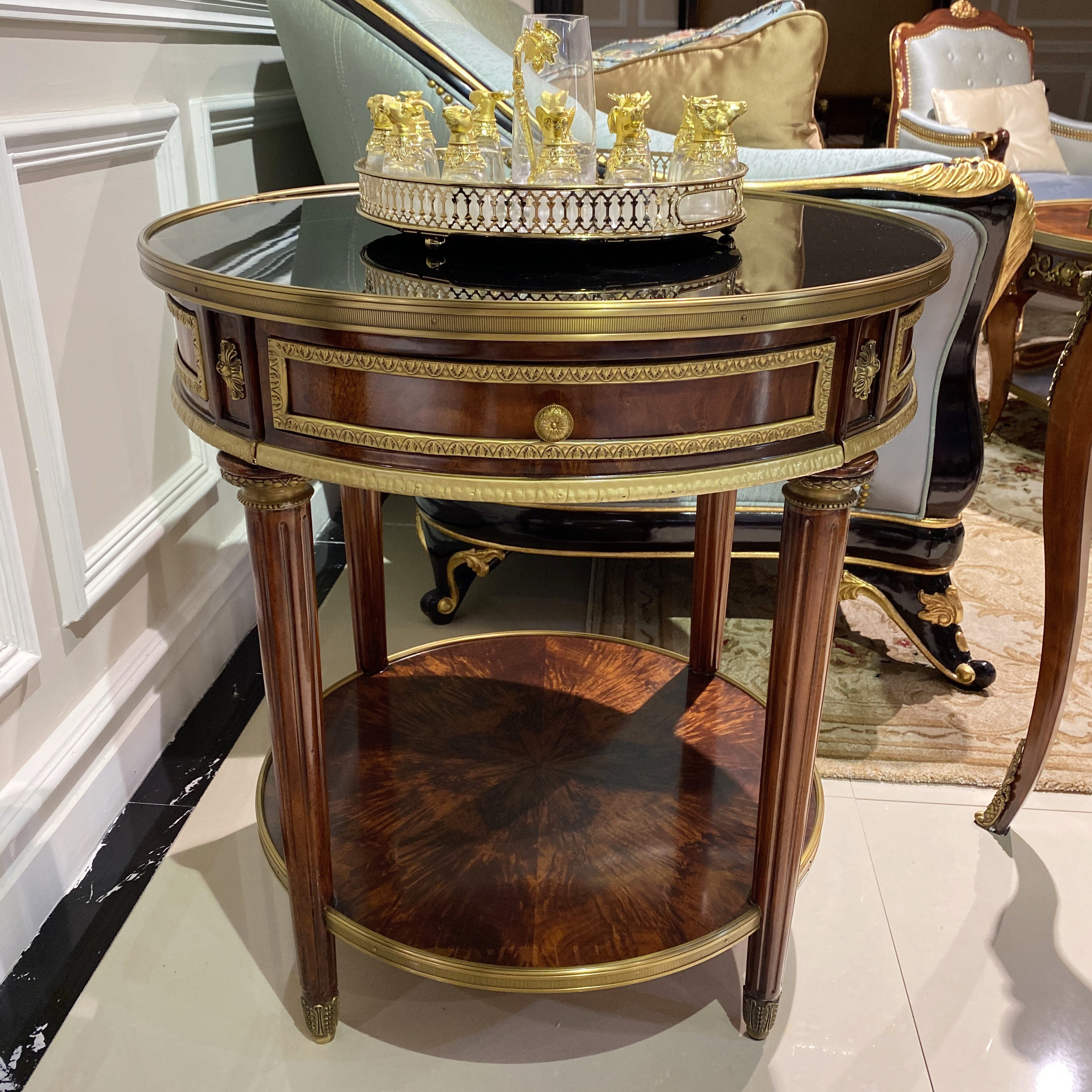 亚历山大欧式角几美式新古典大理石台面小茶几圆形沙发边几咖啡桌