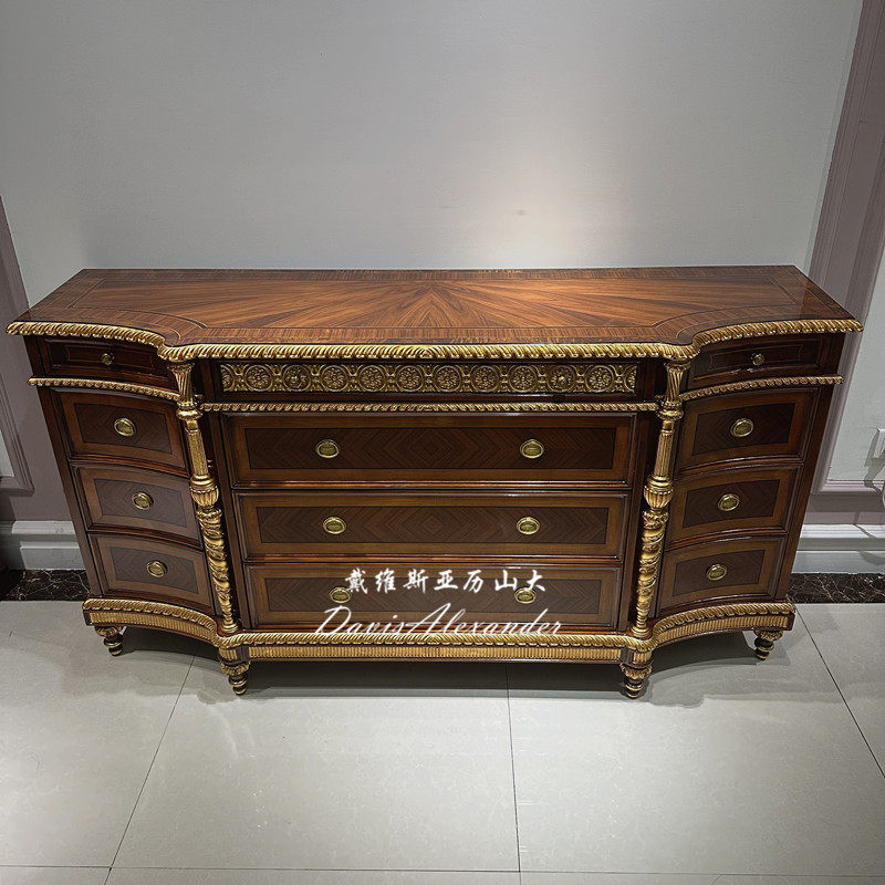 法式古典玄关柜别墅实木雕花餐边柜欧式贴金箔储物柜隔断柜子斗柜