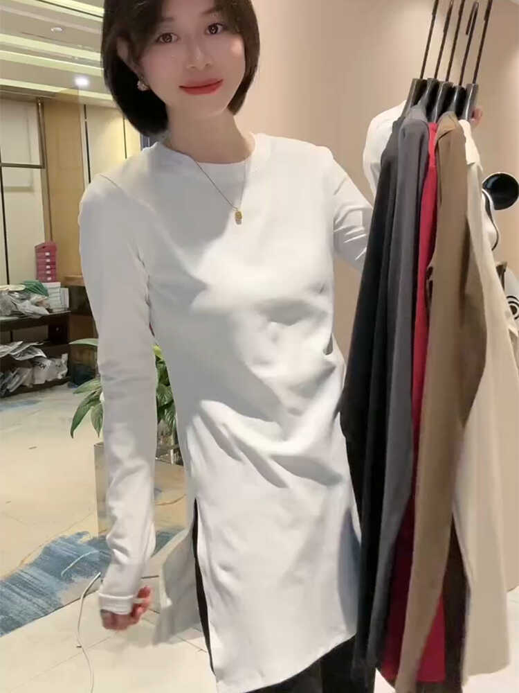 中长款显瘦欧货圆领纯色打底T恤