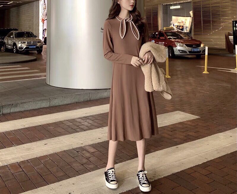 春秋季新款韩版修身棉质连衣裙蝴蝶结绑带长裙女士甜美洋气百搭款