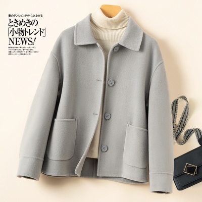 新款宽松秋冬娃娃领纯羊毛双面呢