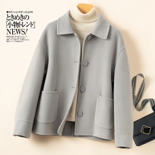 新款宽松秋冬娃娃领纯羊毛双面呢