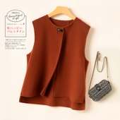 马夹羊毛双面呢大衣无袖 羊毛马甲女秋冬时尚 圆领简约短款 毛呢外套