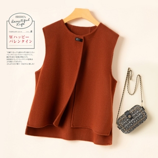 羊毛马甲女秋冬时尚圆领简约短款马夹羊毛双面呢大衣无袖毛呢外套