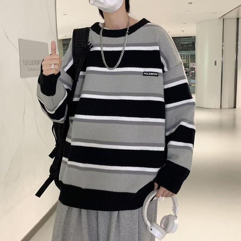 条纹休闲拼色oversize潮流个性情侣小众针织衫XZ304B-M9928P45,男装针织衫/毛衣,星座302B-1