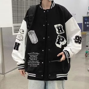 美式复古街头棒球服外套拼色毛巾绣花情侣夹克XZ302B-1-JK688P68图片