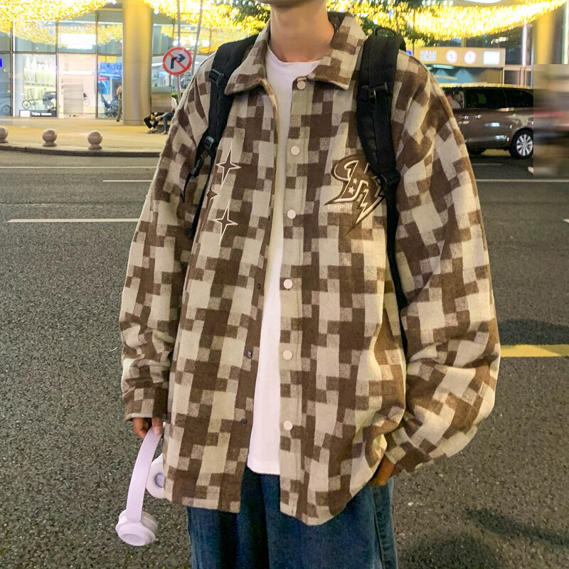 男士工装长袖宽松潮流休闲格子帅气外套夹克XZ302B-1-JK23113P65,男装衬衫,星座302B-1