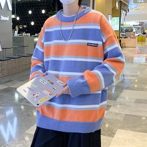 条纹休闲拼色oversize潮流个性情侣小众针织衫XZ304B-M9928P45图片