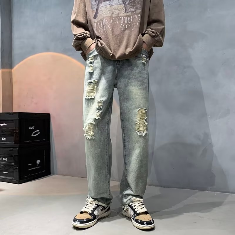 水洗做旧破洞牛仔裤男ins潮牌欧美宽松直筒长裤XZ304B-K8806P45图片