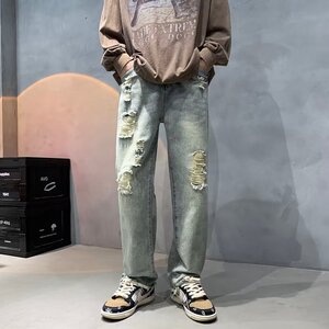 水洗做旧破洞牛仔裤男ins潮牌欧美宽松直筒长裤XZ304B-K8806P45图片