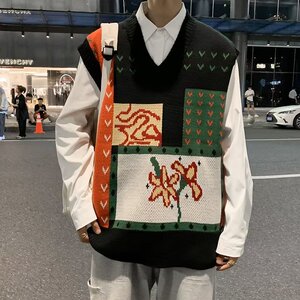 毛衣马甲男港风ins复古绣花V领春秋情侣坎肩背心XZ304B-M21P40图片