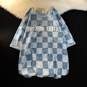 新款港风平铺摆拍短袖凹凸印棋盘格感宽松T恤XZ304B-T3112P27图片