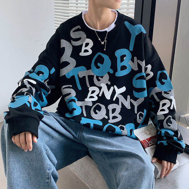 秋季新款文艺港风宽松INS印花时尚休闲卫衣XZ304B-W5589P36,男装卫衣,星座302B-1