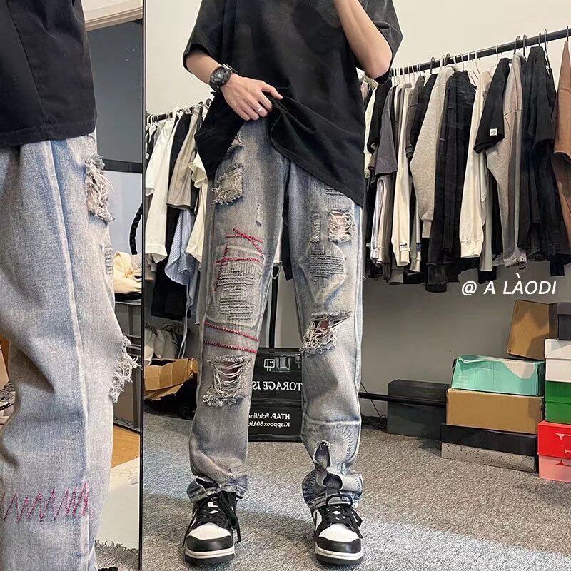 复古做旧嘻哈破洞补丁牛仔裤水洗修身小脚裤子男款XZ304B-K05P55图片