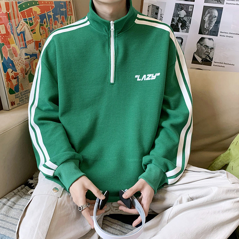 新款港风POLO衫立领华夫格印花卫衣休闲套头卫衣XZ304B-W3325P40,男装T恤,星座302B-1