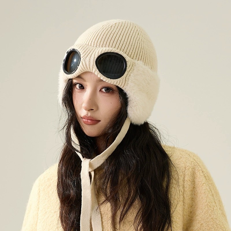 亲子针织飞行员毛线帽女士带眼镜秋冬儿童男女护耳加绒保暖滑雪