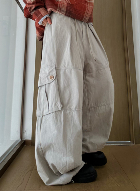 XBRO日系复古灰色廓形灯笼直筒宽松显瘦口袋设计休闲裤男女工装裤