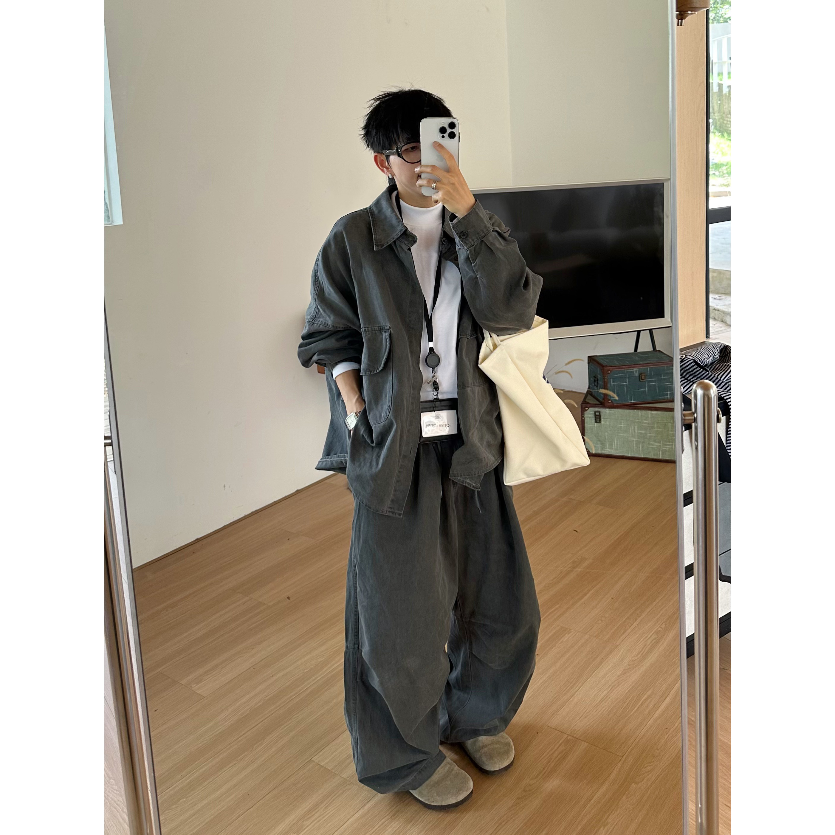 XBRO日系复古廓形做旧宽松慵懒懒人套装长袖衬衫阔腿裤牛仔两件套