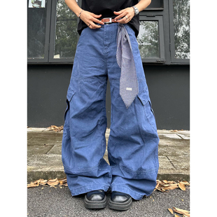XBRO美式复古廓形弯刀多口袋法工蓝显瘦宽松阔腿重磅休闲工装裤潮