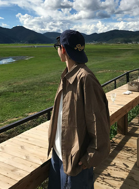 褶皱设计小众咖格子长袖衬衫