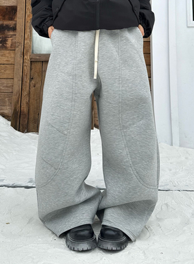 XBRO美式复古太空棉廓形弯刀解构设计感灰色显瘦宽松阔腿男女卫裤