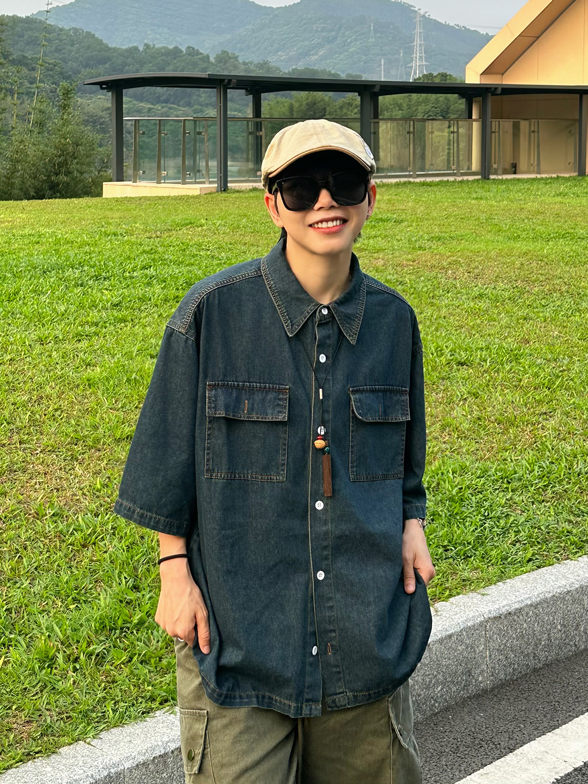 XBRO日系复古vintage古着夏季五分袖衬衫男女显瘦牛仔衬衣外套ins