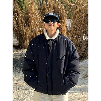 XBRO日系复古羊羔毛翻领棉衣男保暖加厚工装棉服女冬季夹克外套