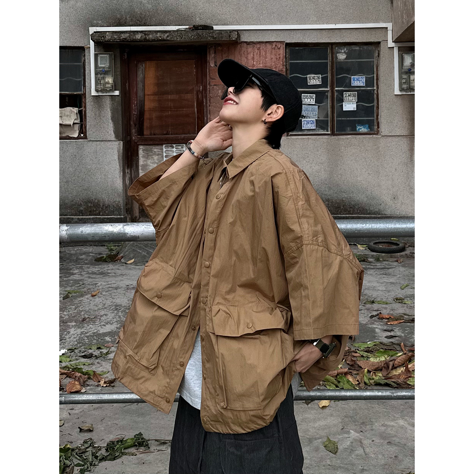 日系宽松廓形多口袋工装衬衫
