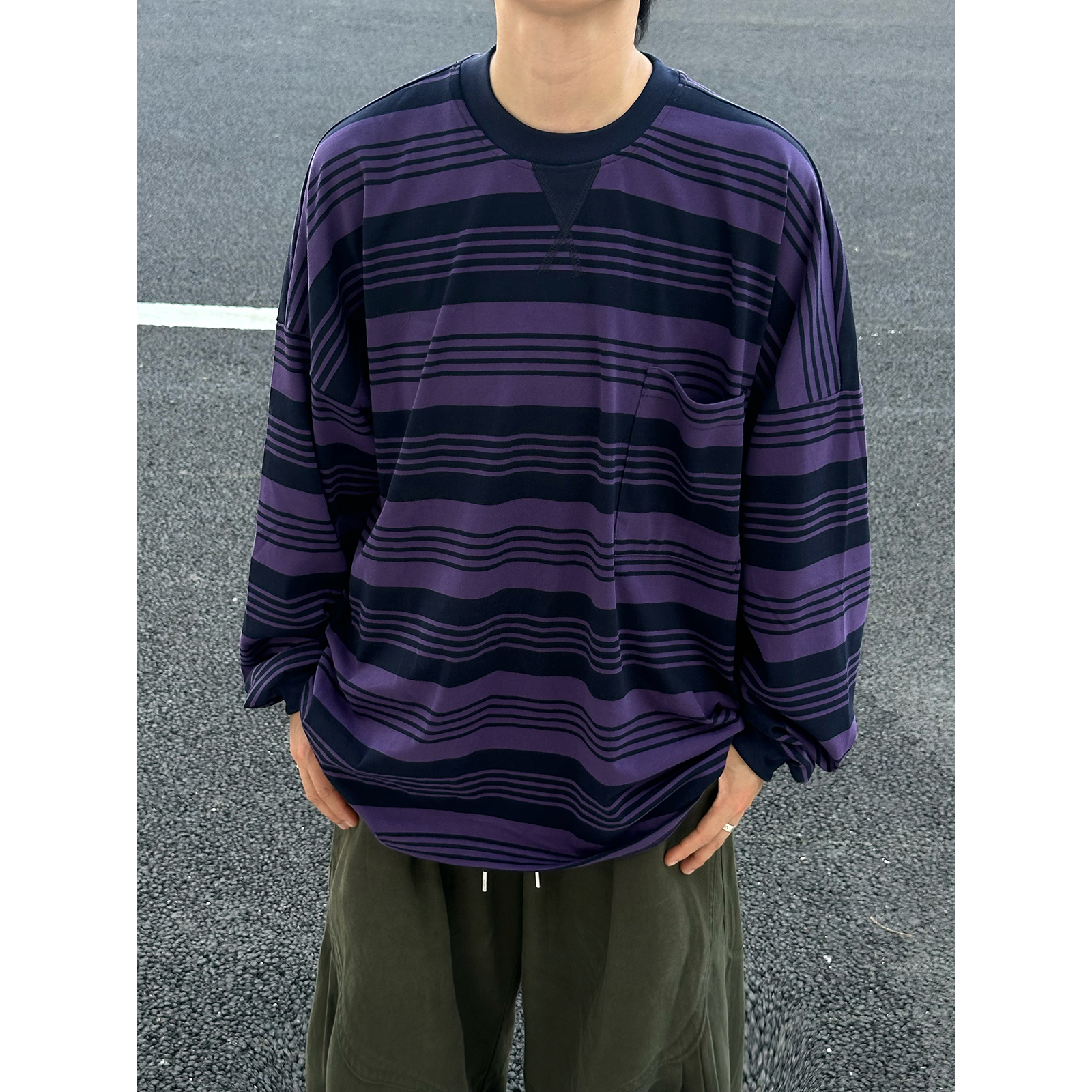 XBRO日系复古紫宽松慵懒长袖T恤