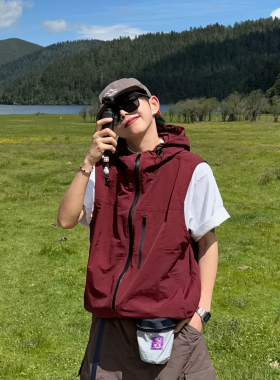 XBRO山系户外登山机能红色连帽开衫百搭宽松四季马甲男女坎肩外套