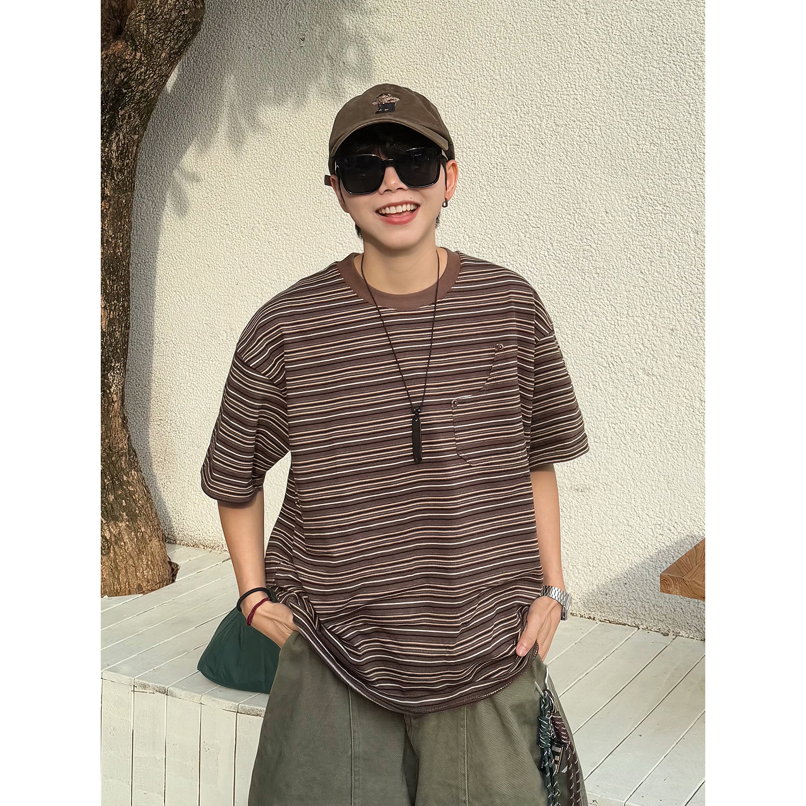 XBRO日系复古古着夏季条纹短袖T恤男女五分袖宽松口袋设计感tee潮