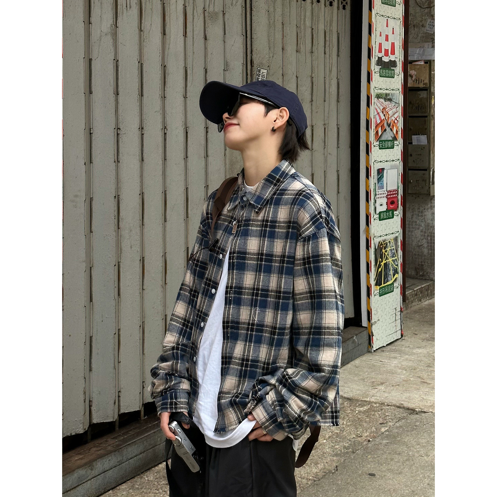 XBRO美式复古leanfit宽松格纹长袖衬衫小众慵懒下摆毛边短款衬衫