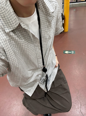 XBRO日系复古慵懒格子工装五分袖衬衫男女通勤轻薄夏季短袖衬衣bf