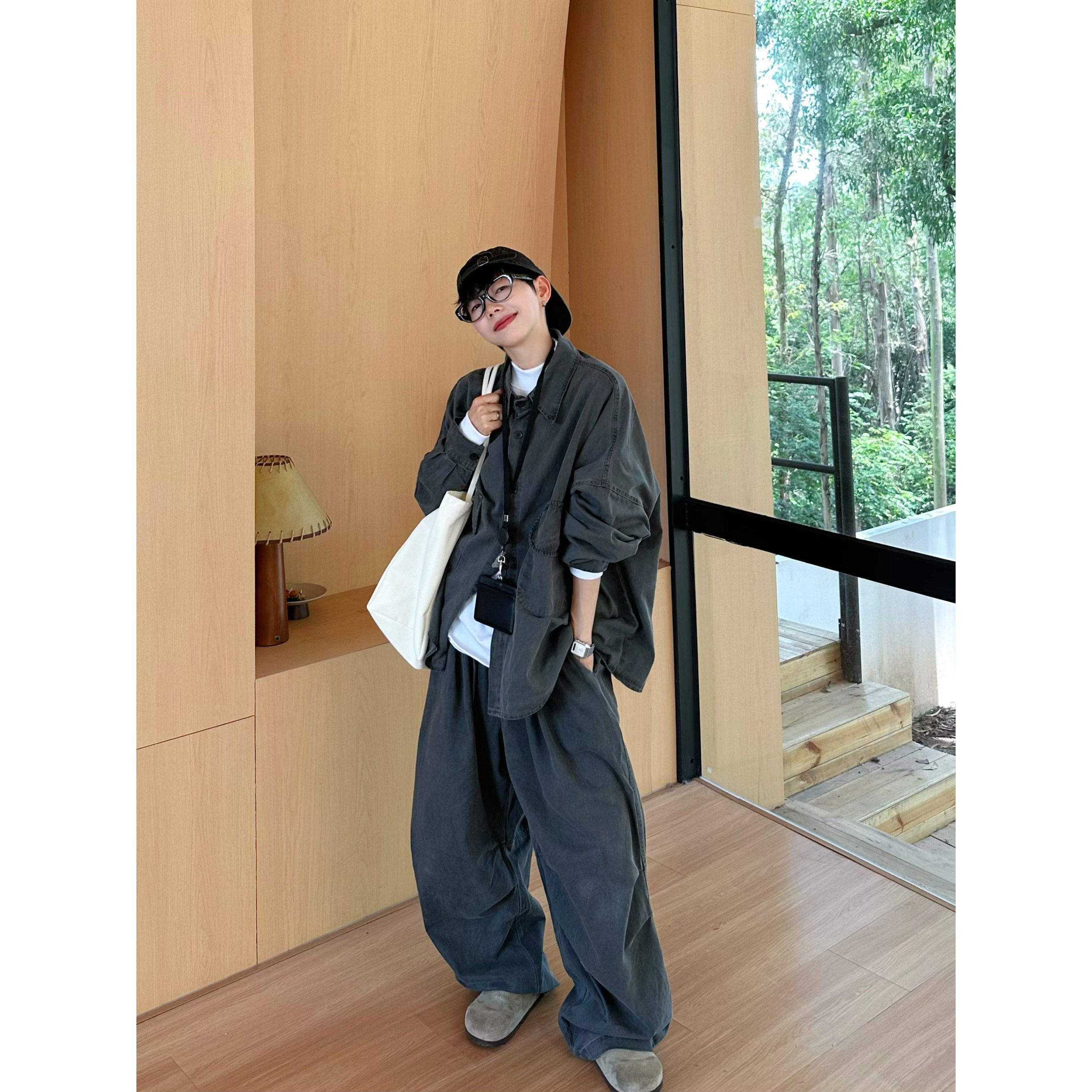 XBRO韩系复古做旧洗水廓形长袖衬衫秋牛仔懒人套装阔腿长裤两件套