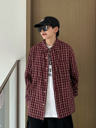 XBRO美式复古春秋红格子衬衫cleanfit格纹衬衣休闲新款外套上衣潮