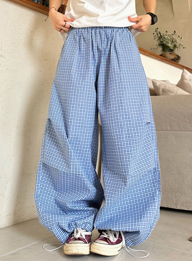 XBRO美式复古A字型弯刀裤阔腿显瘦男女蓝色格子休闲裤度假风长裤