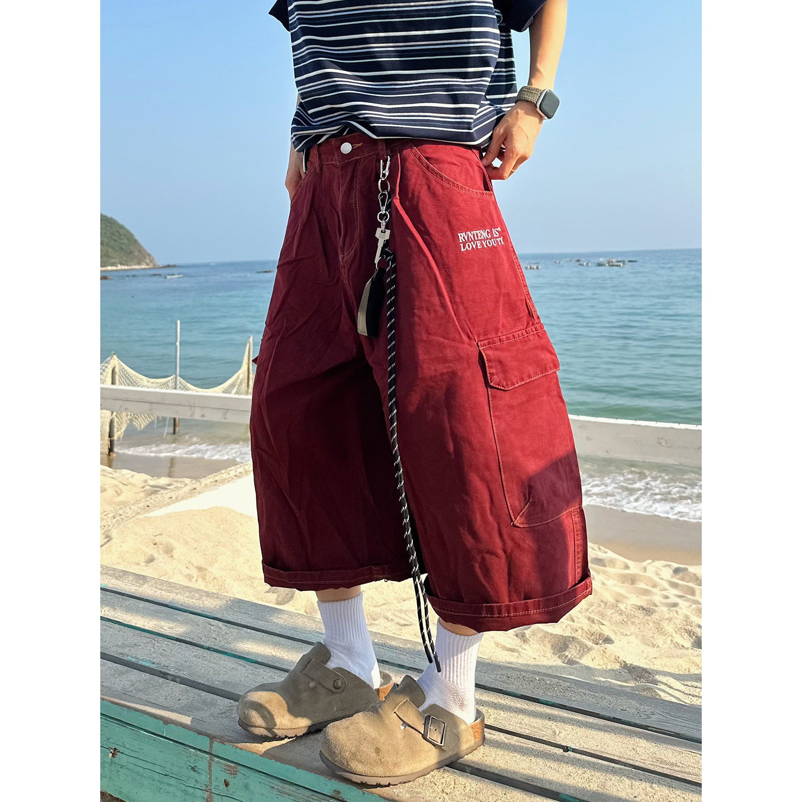 XBRO美式复古红色多口袋工装七分裤男女阔腿宽松夏季短裤休闲裤bf