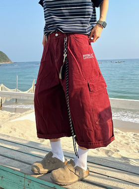 XBRO美式复古红色多口袋工装七分裤男女阔腿宽松夏季短裤休闲裤bf