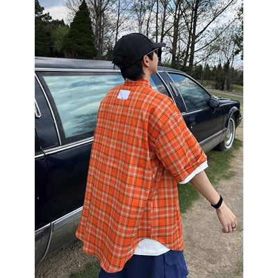 多巴胺短袖衬衫格子衬衣格纹外套