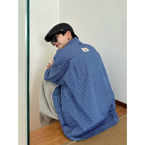 XBRO日系宽松慵懒蓝色格子衬衫
