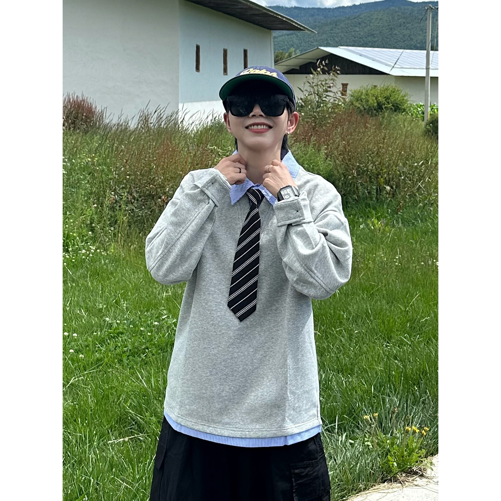 XBRO日系复古学院风假两件卫衣