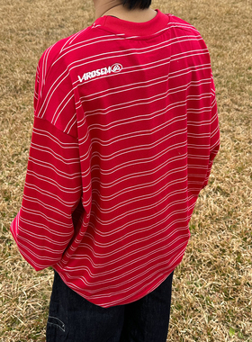 XBRO美式小众红色条纹打底衫春季男女宽松慵懒长袖T恤过年卫衣ins