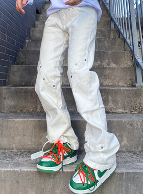 高街美式铆钉直筒白色牛仔裤潮牌朋克坠感复古设计裤子男女百搭bf