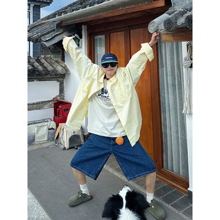 XBRO小清新奶油长袖衬衫男女防晒外套纯色通勤百搭韩系宽松衬衣bf