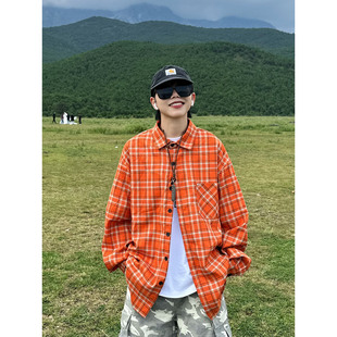 衬衫 男女慵懒多巴设计感衬衣外套潮 复古春秋橘色格子长袖 XBRO美式