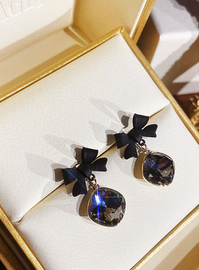925银针抖音HIluck同款ins蝴蝶结耳环淑女灰色水晶蝴蝶结个性耳钉