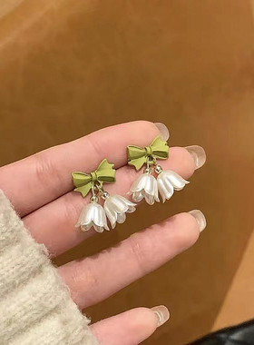 S925银针初夏新款郁金香花朵耳环绿色蝴蝶结小铃铛耳钉铃兰花耳饰