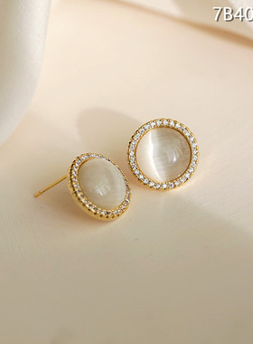 925银针欧式巴洛克复古小巧精致圆形猫眼石耳钉 女高级感耳饰品